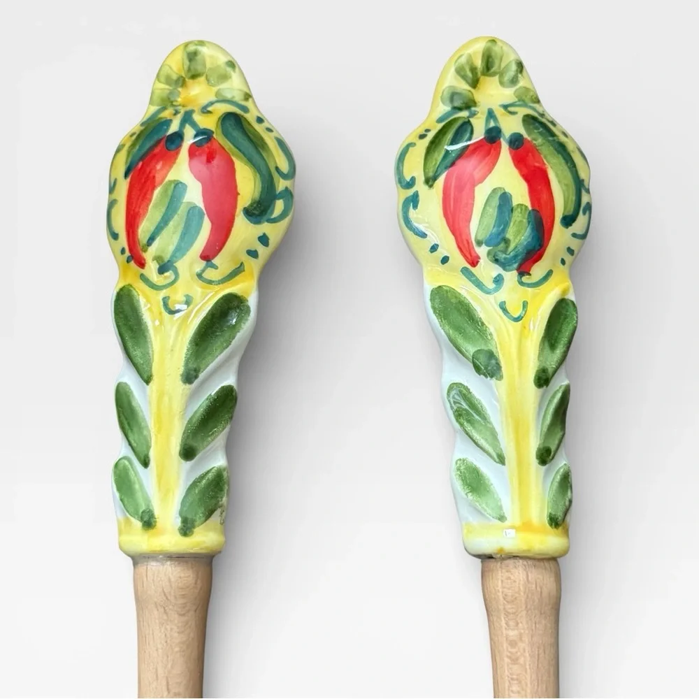 Orvieto Hand-Painted Red Chili Design Ceramic & Wood Salad Serving Fork & Spoon